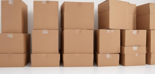Obraz premium Neatly stacked brown cardboard boxes on pristine white background , reuse, eco-friendly