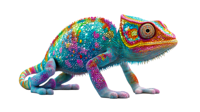 Vibrant chameleon with multicolored skin against black, cut out transparent