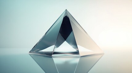 Glass pyramid reflecting on surface, minimalist background, success concept