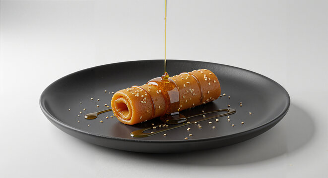Rolled turon dessert drizzled with syrup on black plate
