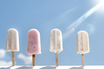 cute ice cream illustrations, whimsical kawaii ice cream characters basking in the sunny summer, exuding a playful atmosphere