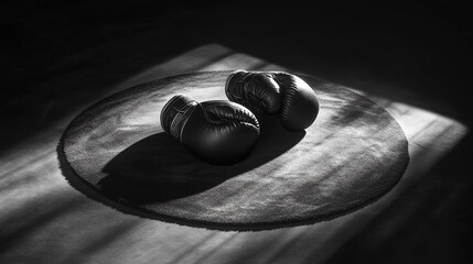 Boxing gloves resting on ring canvas in monochrome sports photography image style