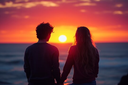 Couple holds hands in silhouette against a vibrant sunset while standing in a grassy field near the horizon during evening hours