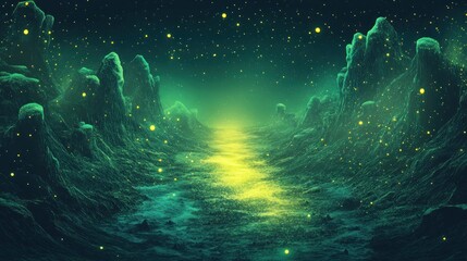 Obraz premium Glowing path through alien landscape, night, fantasy art, sci-fi background