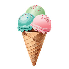 soft-realistic style, pink and mint ice cream cone with two scoops and sprinkles, soft airbrushing style, digital illustration