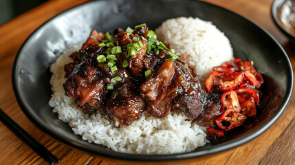 Delicious braised pork belly with rice and peppers asian cuisine food photography