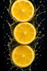 Fresh Lemon Slices Splashing in Water on Black Background