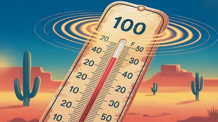 vintage mercury thermometer displaying 100 degrees Fahrenheit against a scorching summer backdrop created with generative ai
