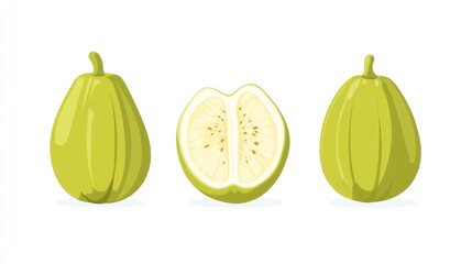 Green citrus fruit halves, whole fruits, white background, food illustration