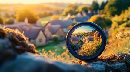 Captivating landscape view through a camera lens during sunset, showcasing serene village homes and vibrant nature.