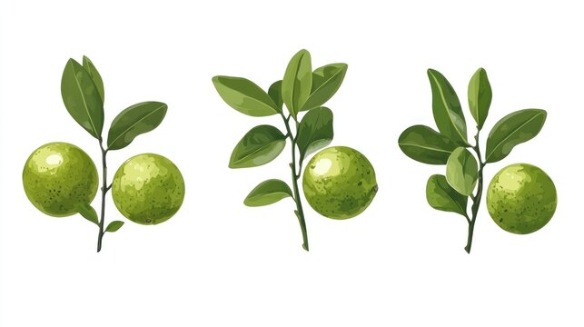Green limes on branches, botanical illustration, white background, food recipe