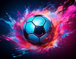 Fototapeta premium soccer ball in paint splash a soccer ball explodes in a vibrant blue and pink paint splash against a dark background dynamic and energetic perfect for sports themes