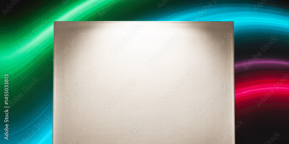Poster blank white canvas corner closeup. background features abstract motion blur with vivid blue and pink