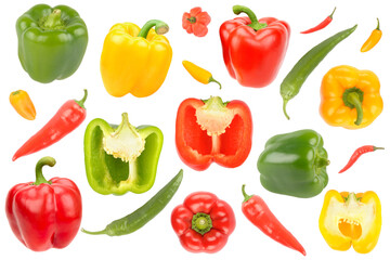 Collection various colorful peppers isolated on white