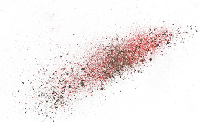 ash and red chalk pieces flying isolated on white background, clipping path