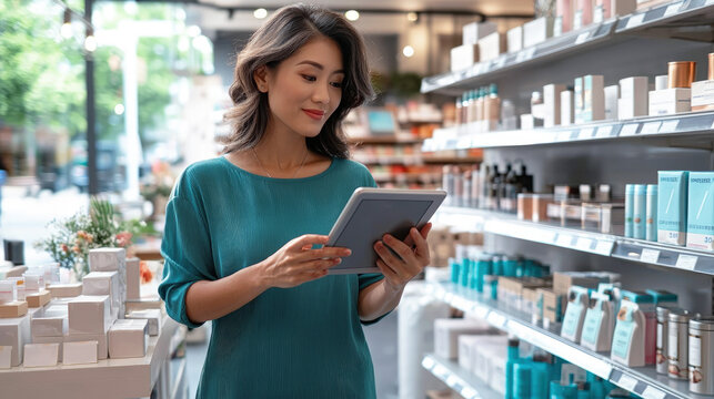 Young female salesperson using digital tablet in her work, in modern cosmetics store, standing near shelves with skin care products, focused and smiling in brightly lit sales area.