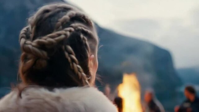 Elegant Woman with Braided Viking Hairstyle Wearing Fur Coat Gazing at Serene Mountain Lake in Nordic Wilderness at Dusk