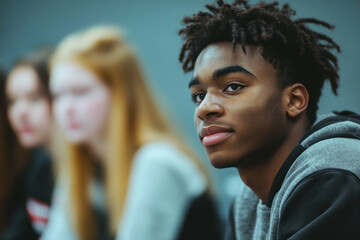 Obraz premium focused young african american student sitting in classroom listening attentively to lecturer. education and learning environment. school brochure, educational, academic poster