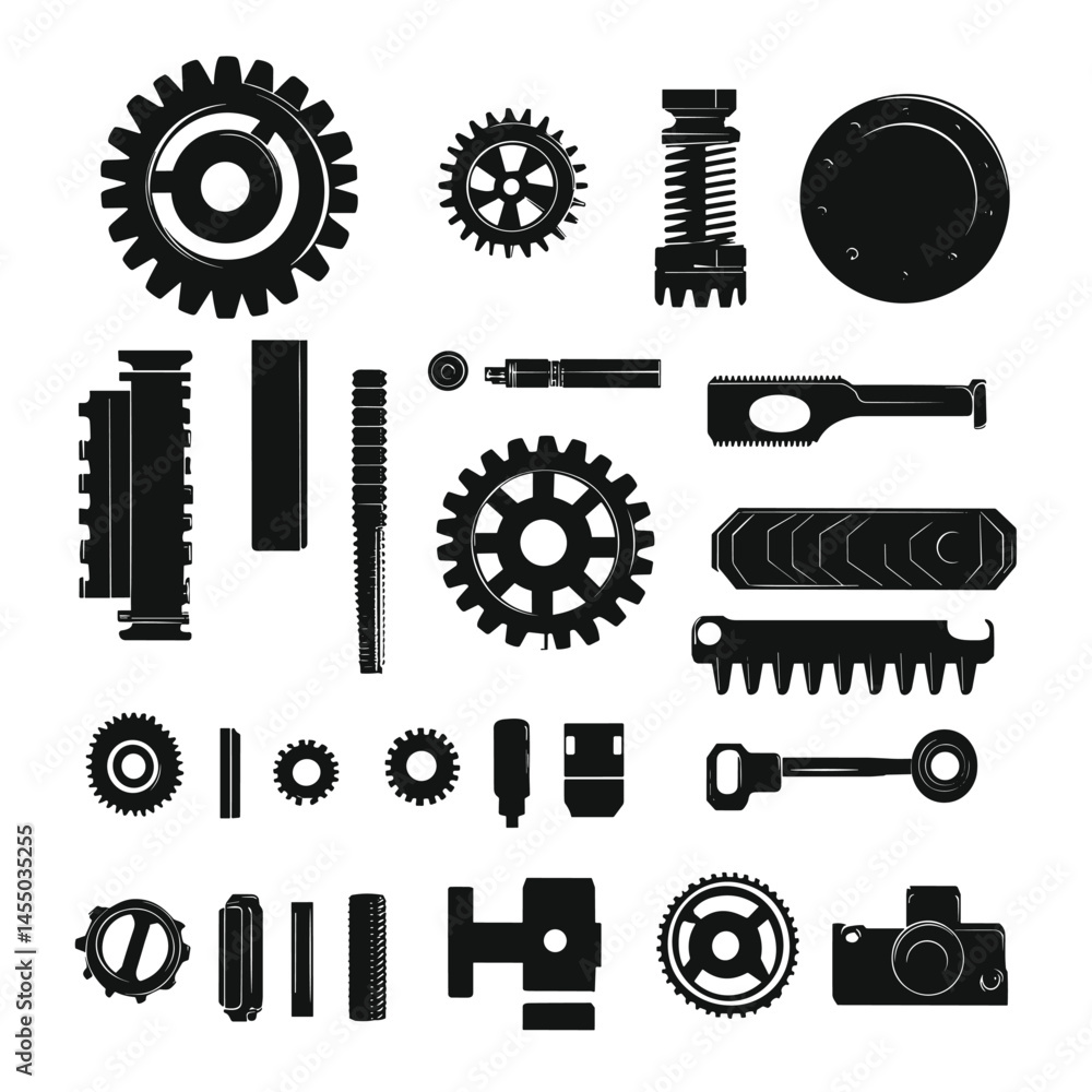 Poster assortment of mechanical parts and tools in a stylized vector format. black and white theme.