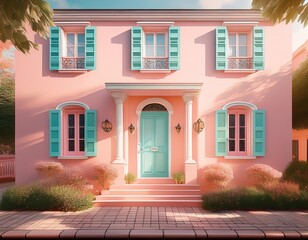a charming pastel pink house with mint green doors featuring elegant shutters and soft morning light generative ai