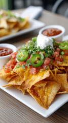 Delicious towering plate of nachos with cheese, jalapeños, and sour cream topping for snack or party