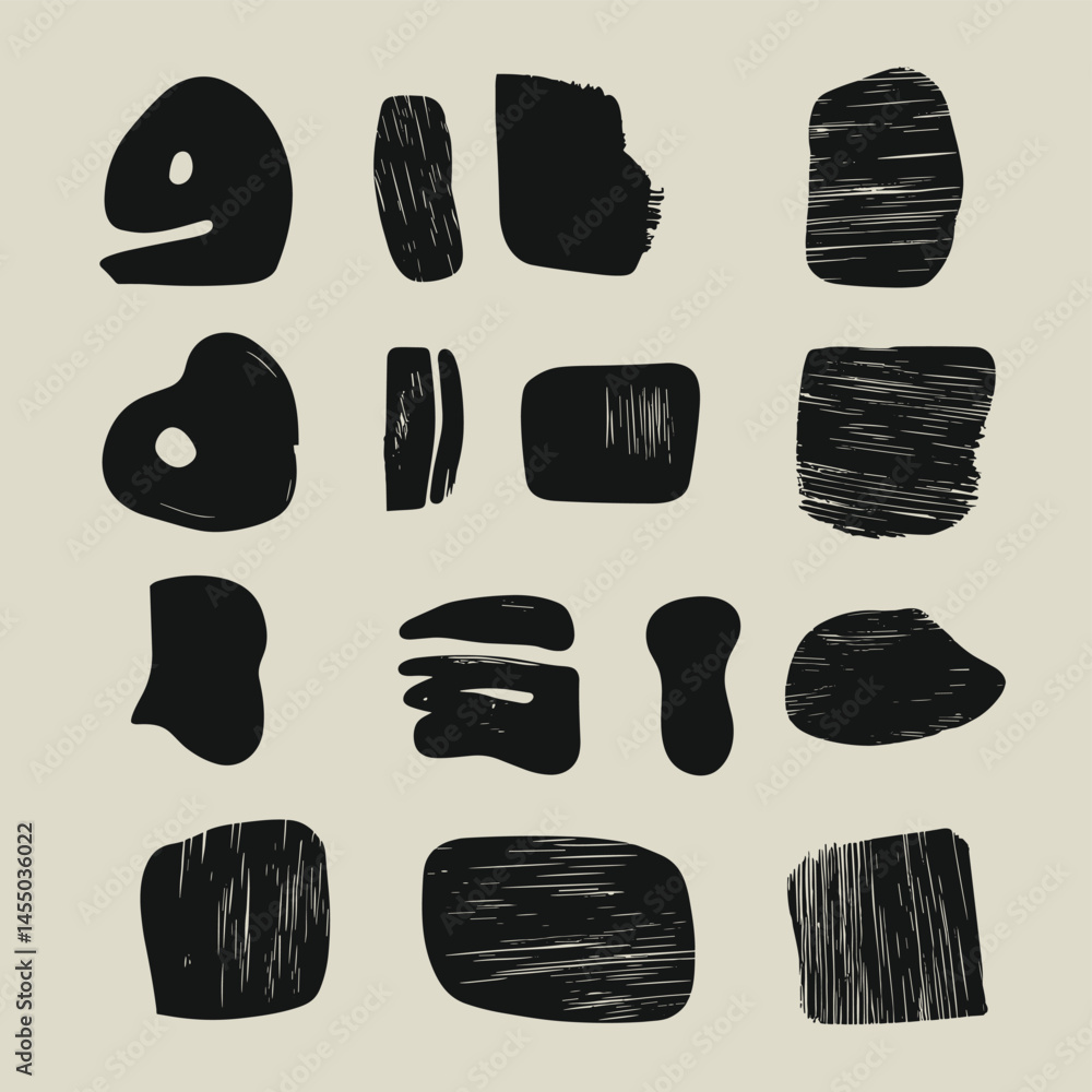 Poster abstract shapes composition: an arrangement of assorted ink-like forms on light background.