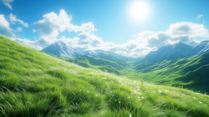 Obraz premium Lush green meadow slopes up to snow-capped mountains under a vibrant blue sky