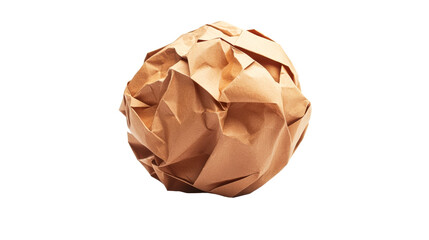 Crumpled brown paper ball isolated, rough texture, macro view, cut out transparent