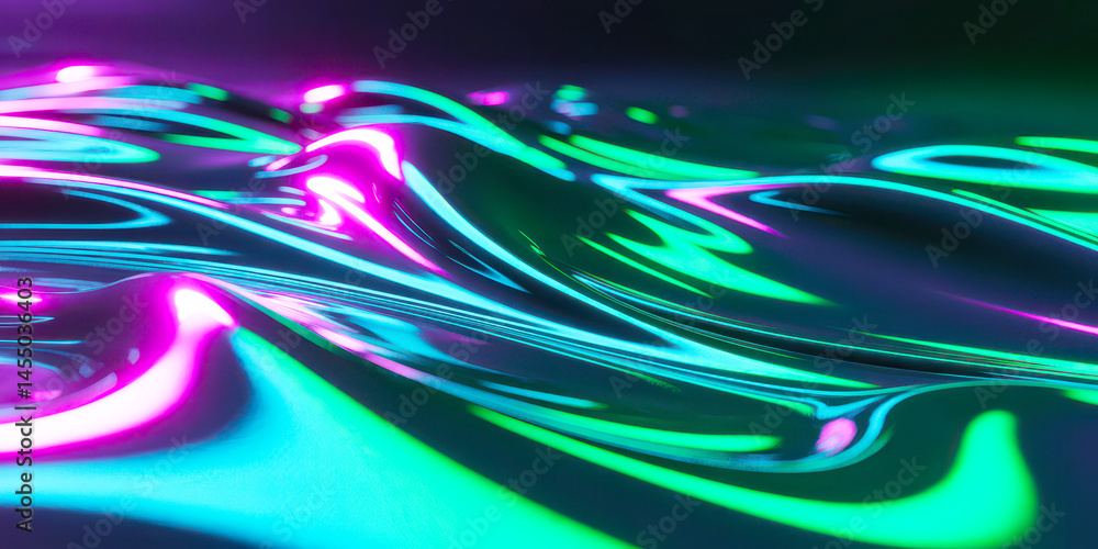 Poster vibrant neon streams of magenta, cyan, and green flow across a dark surface creating a futuristic li