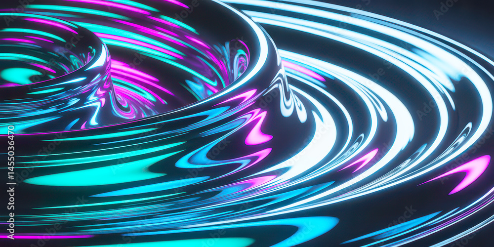 Poster vibrant neon streams of magenta, cyan, and green flow across a dark surface creating a futuristic li