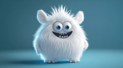 Obraz premium Happy fluffy monster smiles on blue background