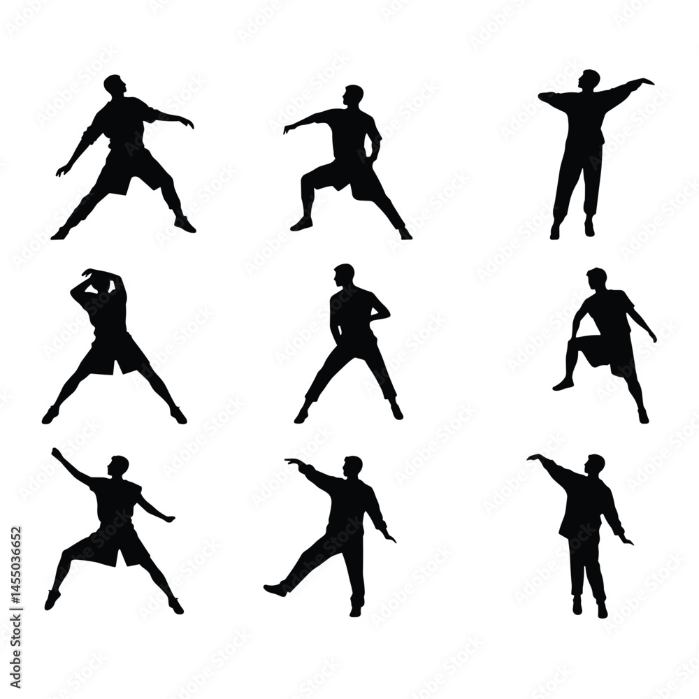 Aufkleber silhouette poses showing figures in active dynamic poses, emphasizing movement and expression.