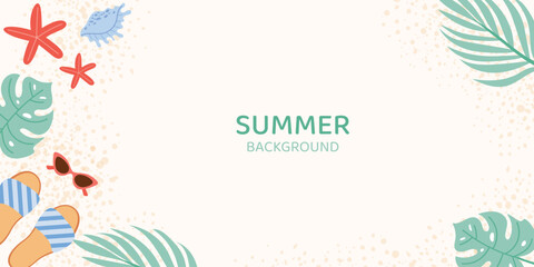 Obraz premium Vector summer background with beach elements. Palm leaves, starfish, sunglasses, and flip-flops. Minimal clean design, flat illustration style. Perfect for seasonal banners and travel promotions.
