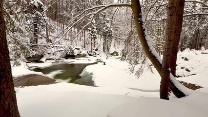 Winter Wonderland A Beautiful Snowy Landscape by a Serene and Tranquil Stream Flowing Nearby