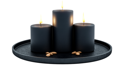 Burning black candles on the round tray with almonds, cut out transparent