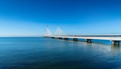 Fototapeta premium a serene view of a long bridge extending over calm waters under a vibrant blue sky