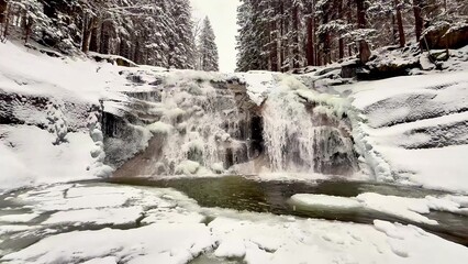Stormy waterfall in a snowy forest