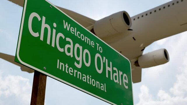 4k Welcome to Chicago O'Hare International Airport Green Road Sign and Airplane Flying Low Overhead with Landing Gear Down.