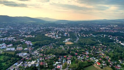 A scenic aerial view captures the serene beauty of a breathtaking landscape at sunset time