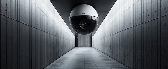 Modern security camera in a concrete hallway