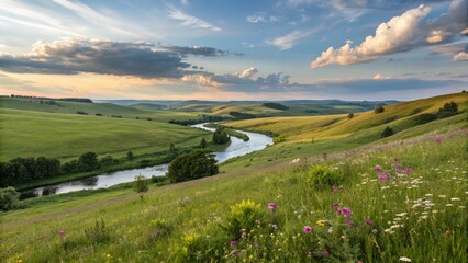 peaceful green field with cloudy sky and natural scenery