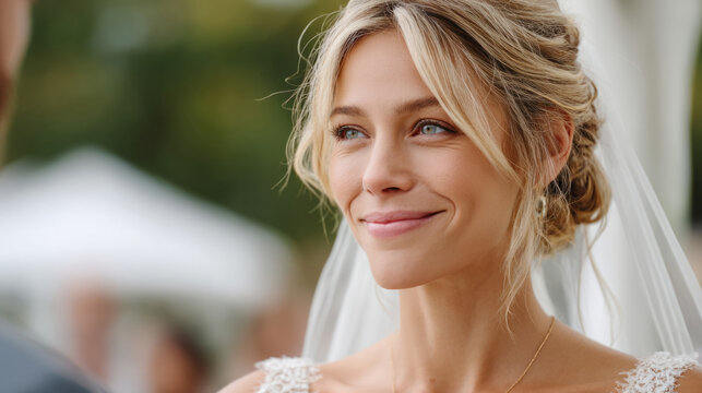Enchanting wedding ceremony with bride's veil fluttering during vows
