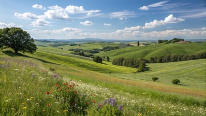 peaceful green field with cloudy sky and natural scenery