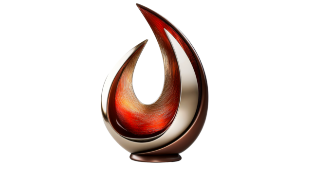 Elegant teardrop shaped object with metallic and textured surface, cut out transparent