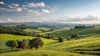 peaceful green field with cloudy sky and natural scenery