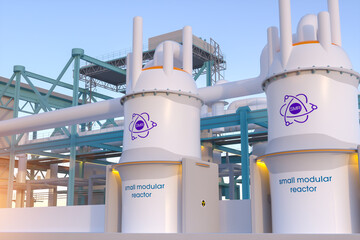 concept of a SMR small modular nuclear reactor power plant on a sunny day. SMR is a future energy concept. 3d rendering.