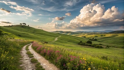 peaceful green field with cloudy sky and natural scenery