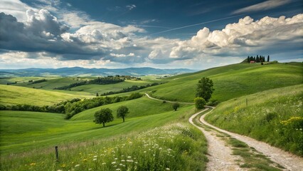 peaceful green field with cloudy sky and natural scenery