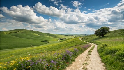 peaceful green field with cloudy sky and natural scenery