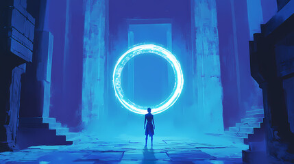 A blue ghostly figure stands in an ancient hallway, surrounded by a glowing circle. [Hollow Monoliths] | Phantom Pillars | vanished might. Illustration
